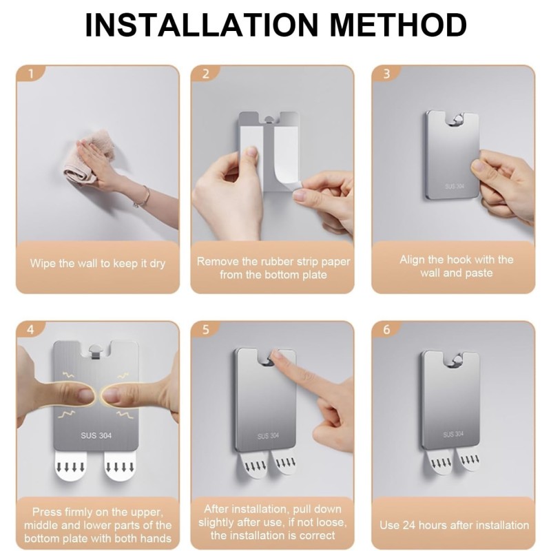 Gancho de pared autoadhesivo de acero inoxidable SUS 304: gancho resistente de acero inoxidable para colgar sin necesidad de tal